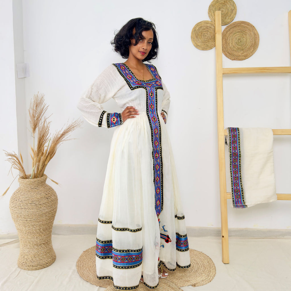 Traditional Ethiopian Dress | Handwoven Habesha Kemis | Blue & Black Tibeb Cotton Dress | Handmade Cultural Dress Hab166