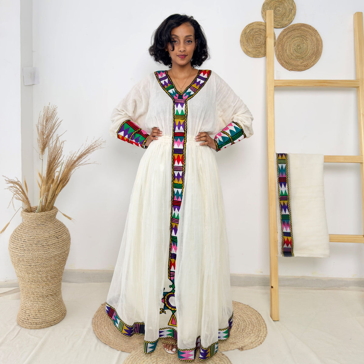 Colorful Tibeb Ethiopian Dress | Handwoven Cotton Flowy Gown | Traditional Handmade Cultural Wear | Multicolor Embroidery | Hab197