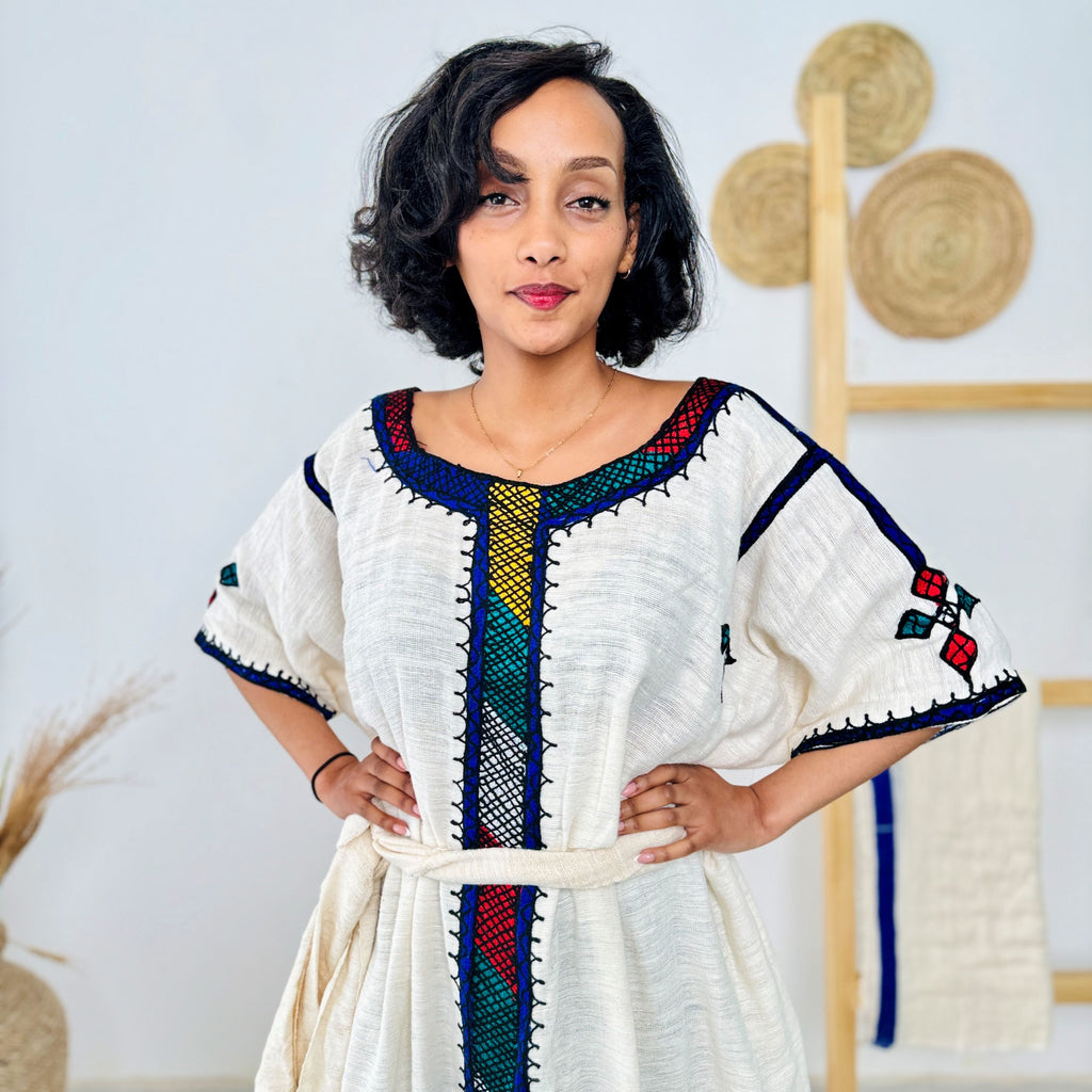 Traditional Ethiopian Habesha Dress | Handwoven Cotton | Blue & Multicolor Embroidery | Relaxed Fit Gown | Handmade Cultural Attire | Hab195