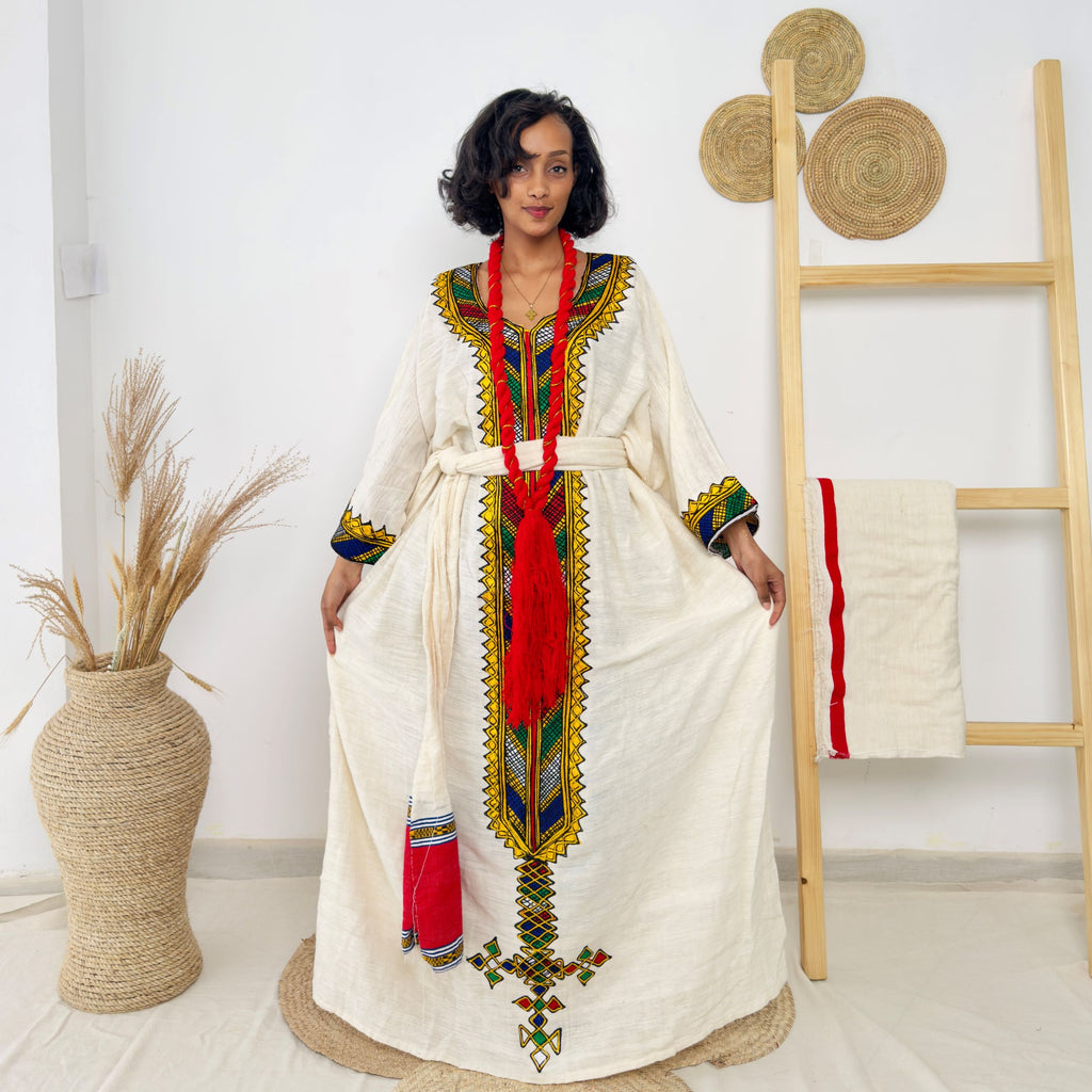 Ivory & Rainbow Handwoven Habesha Kemis | Traditional Ethiopian Dress with Red Shash | Long Sleeve Belted Kemis – Hab220
