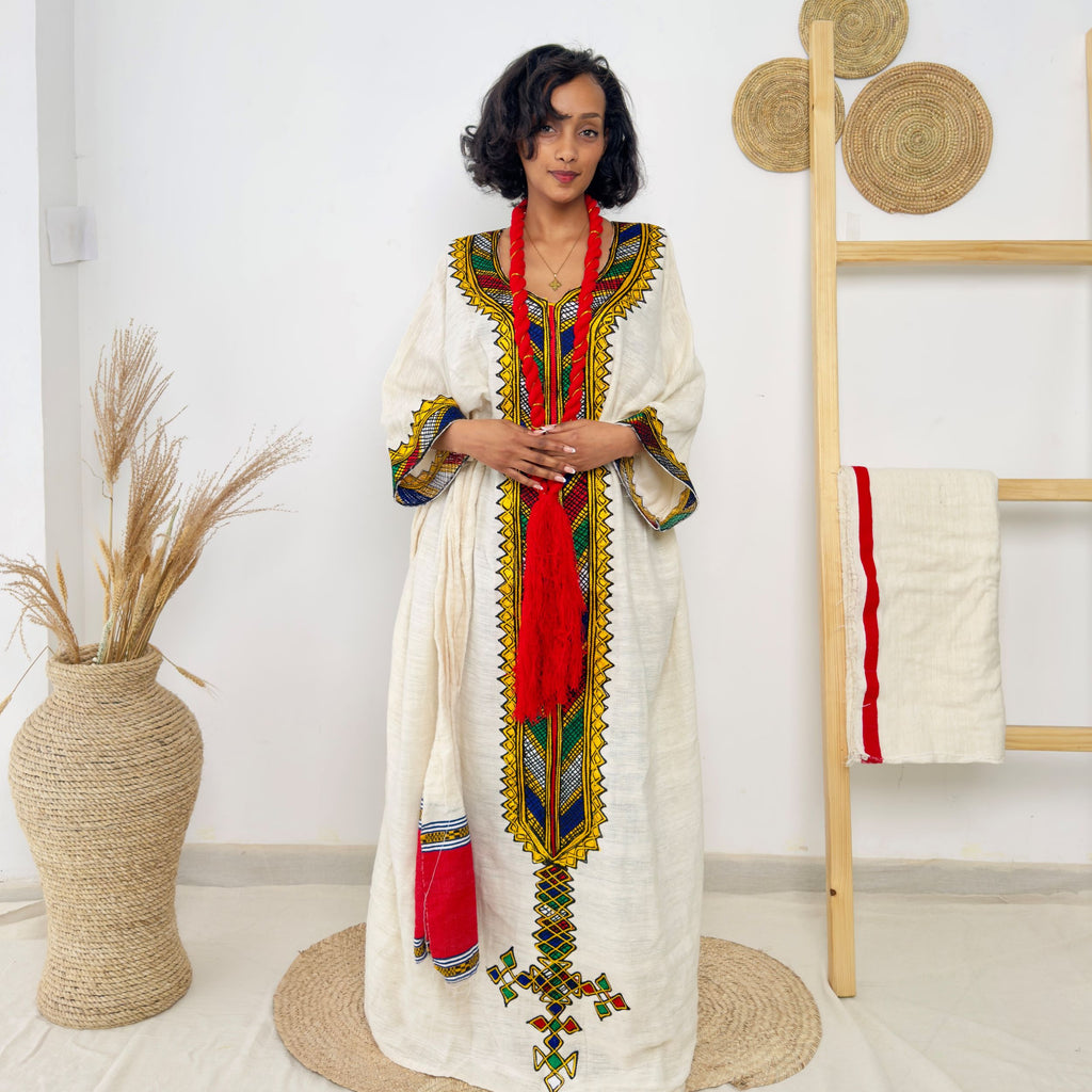Ivory & Rainbow Handwoven Habesha Kemis | Traditional Ethiopian Dress with Red Shash | Long Sleeve Belted Kemis Hab220