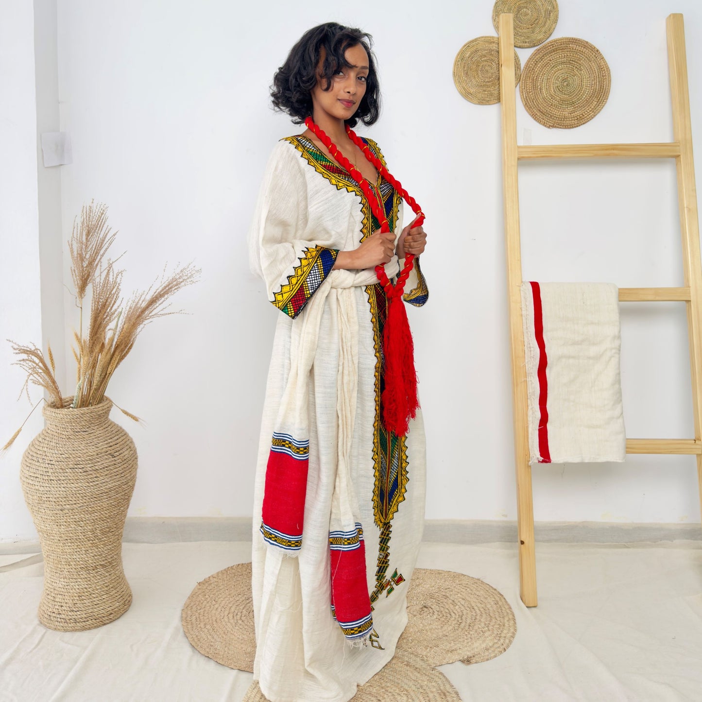 Ivory & Rainbow Handwoven Habesha Kemis | Traditional Ethiopian Dress with Red Shash | Long Sleeve Belted Kemis Hab220