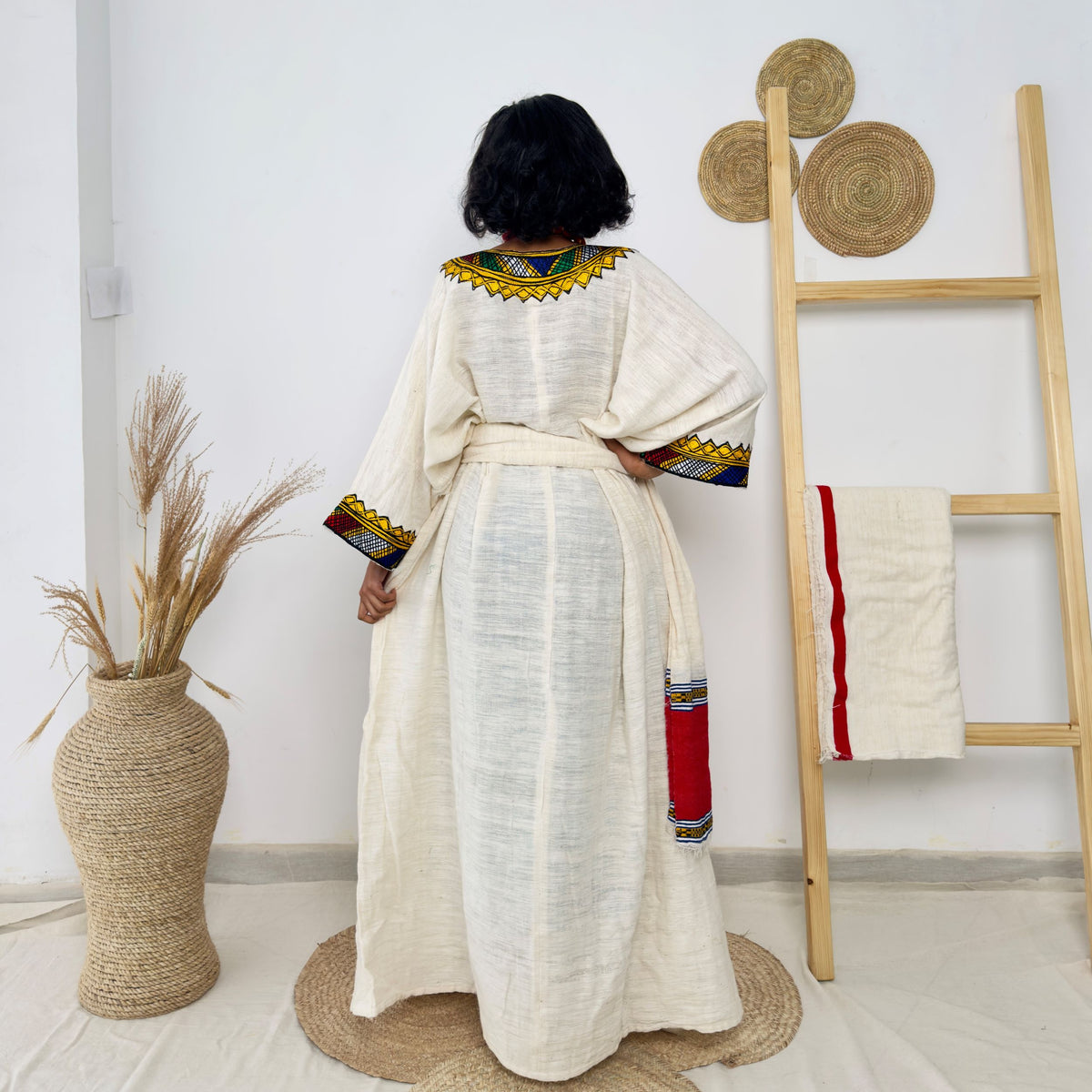 Ivory & Rainbow Handwoven Habesha Kemis | Traditional Ethiopian Dress with Red Shash | Long Sleeve Belted Kemis Hab220