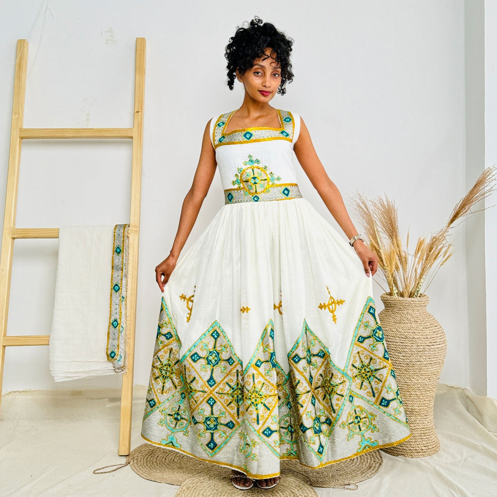 Ethiopian Dress | Intricate Green Embroidery | Wedding Ceremonies | Beaded Elegance Hab79