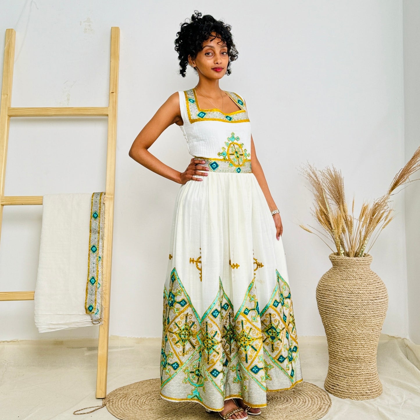 Ethiopian Dress | Intricate Green Embroidery | Wedding Ceremonies | Beaded Elegance Hab79