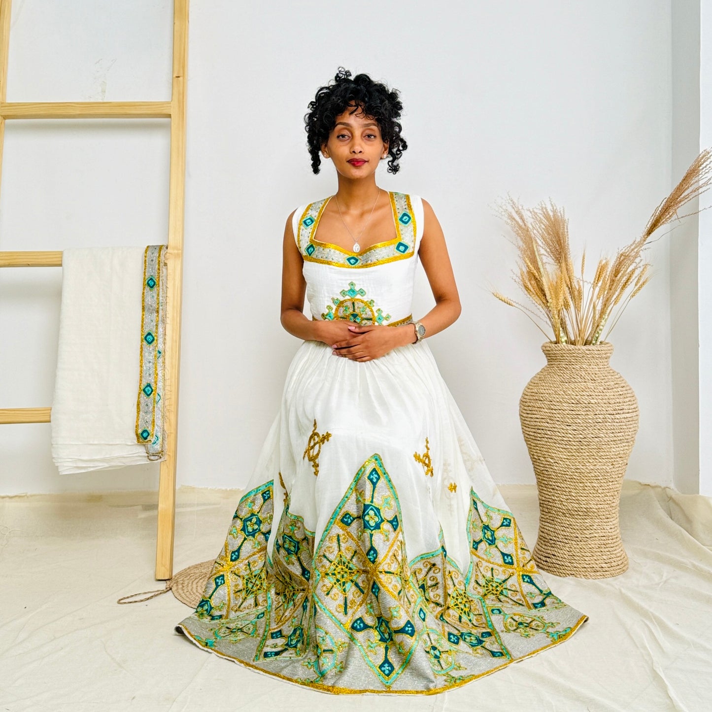 Ethiopian Dress | Intricate Green Embroidery | Wedding Ceremonies | Beaded Elegance Hab79