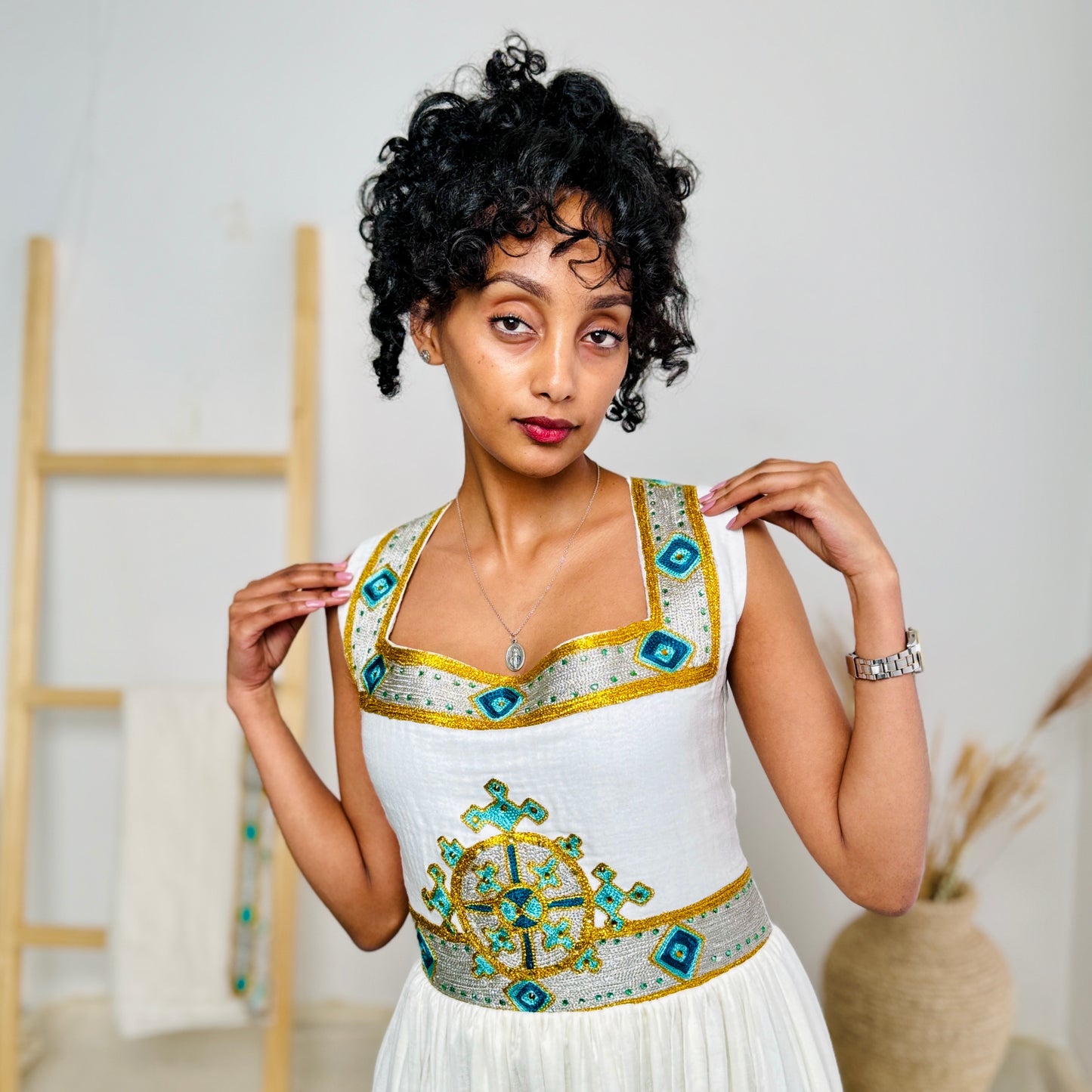Ethiopian Dress | Intricate Green Embroidery | Wedding Ceremonies | Beaded Elegance Hab79