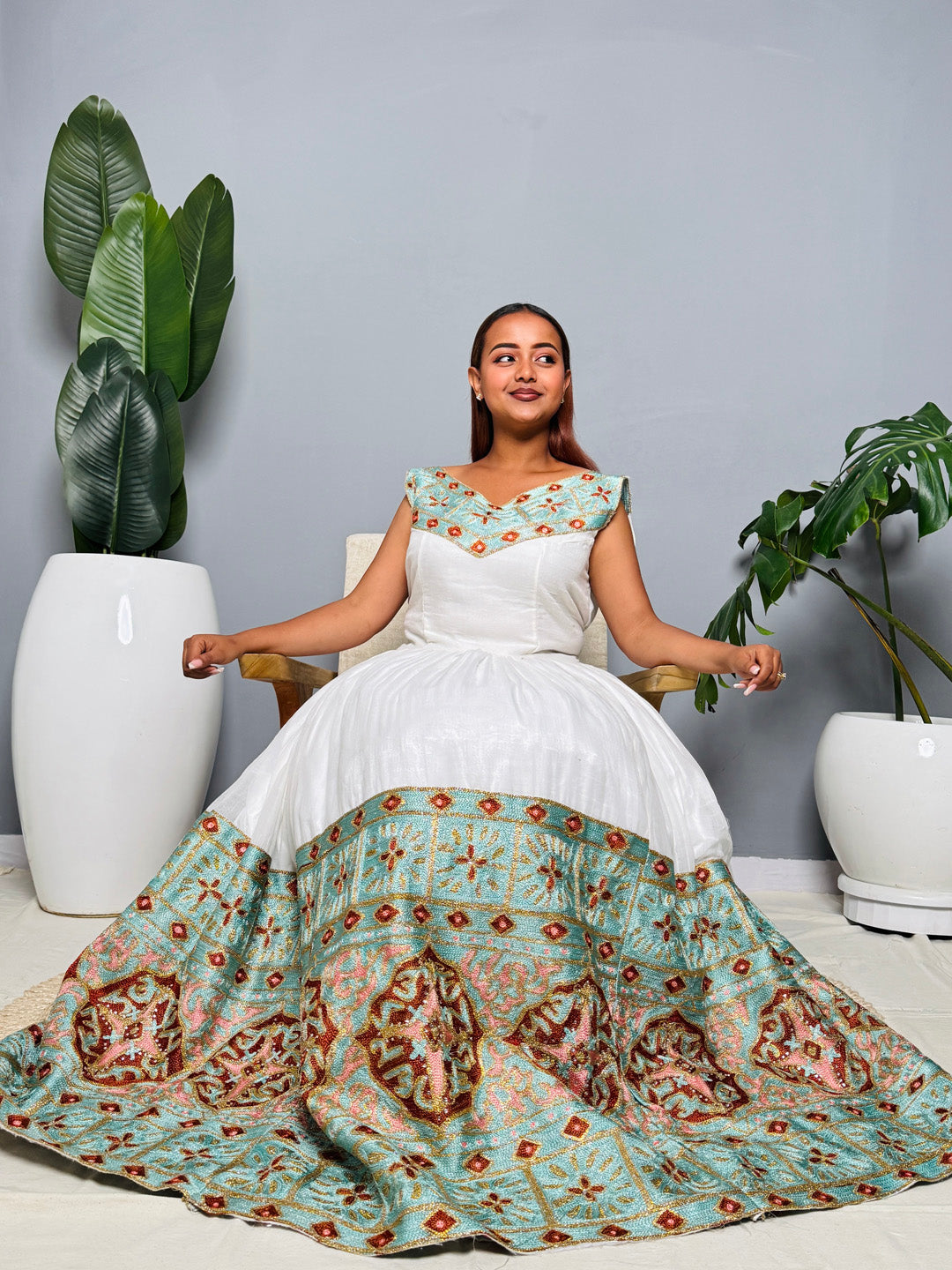Ethiopian Habesha Kemis | Elegant Blue & Gold Embroidered Traditional Dress | Handmade Cotton Dress for Weddings, Fasika & Special Events Hab189