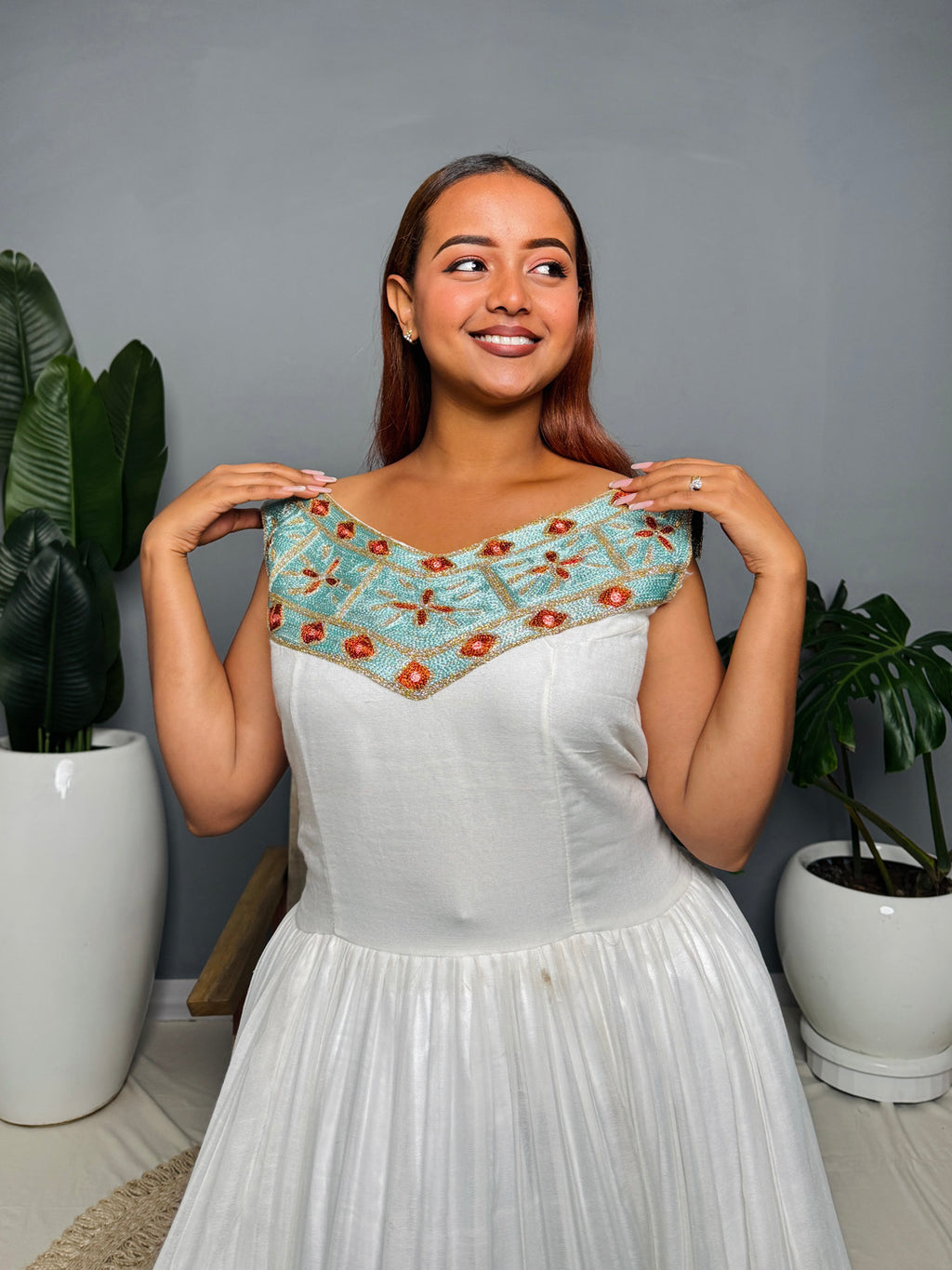 Ethiopian Habesha Kemis | Elegant Blue & Gold Embroidered Traditional Dress | Handmade Cotton Dress for Weddings, Fasika & Special Events Hab189