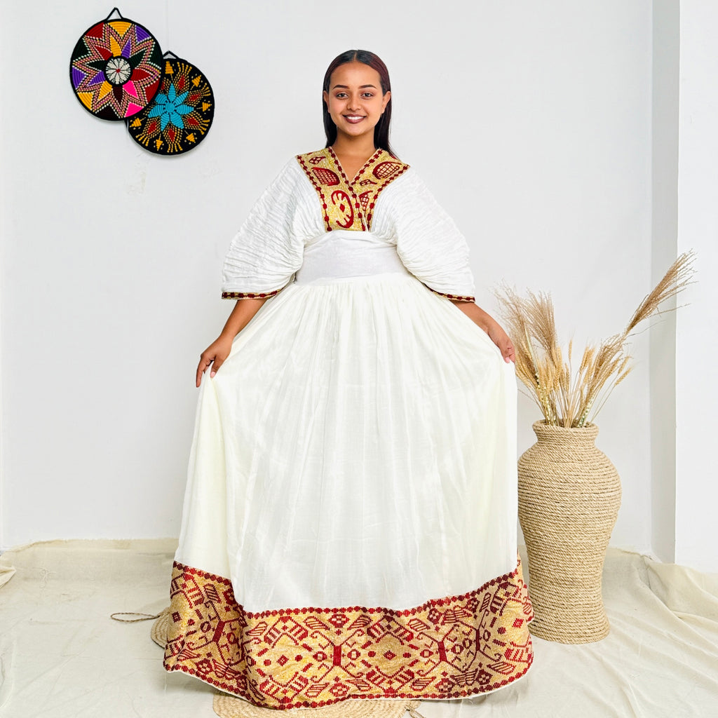 Habesha Dress | Radiant Red with Gold Design | Special Occasions | Handcrafted Embroidery Hab98