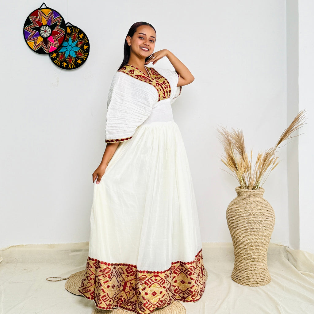 Habesha Dress | Radiant Red with Gold Design | Special Occasions | Handcrafted Embroidery Hab98