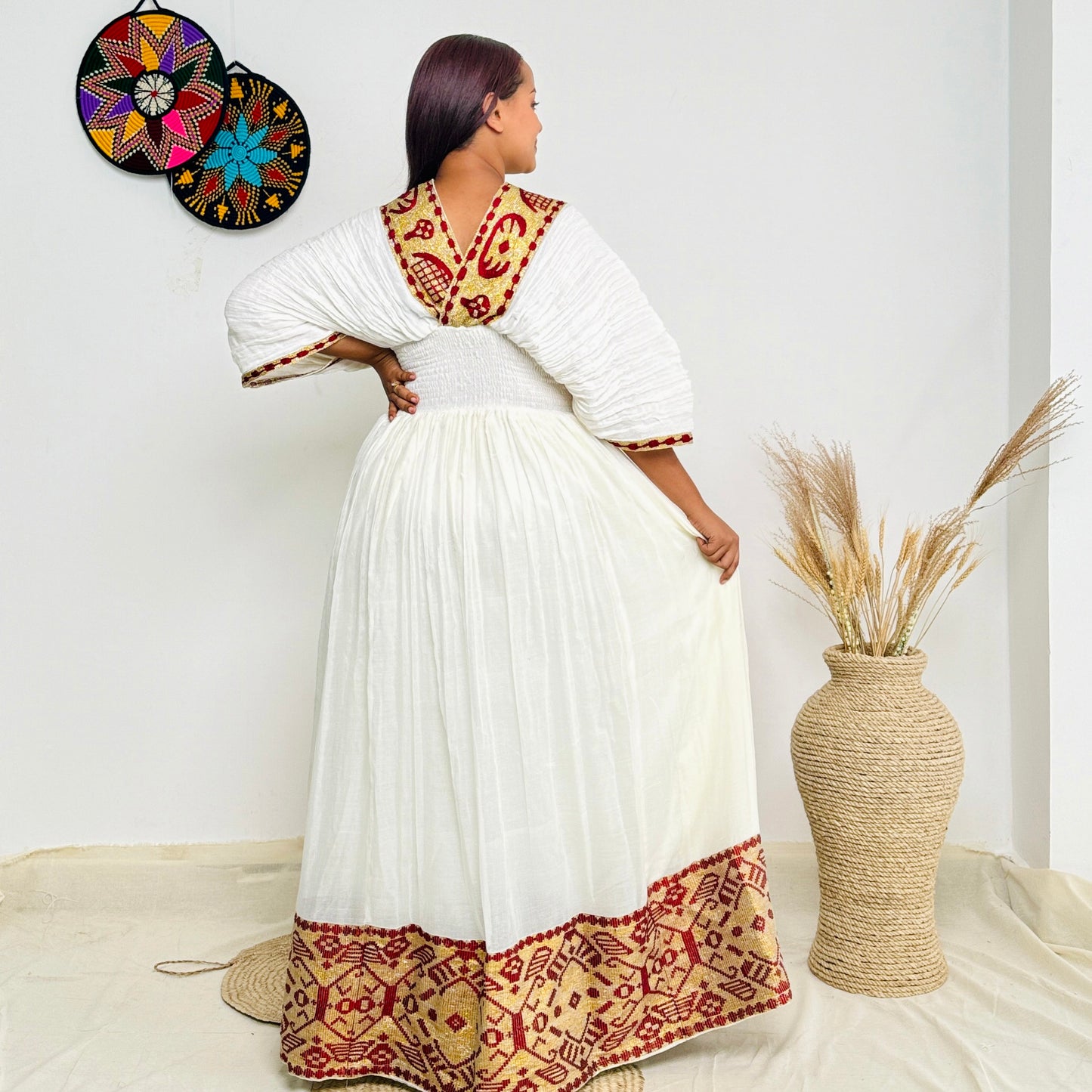 Habesha Dress | Radiant Red with Gold Design | Special Occasions | Handcrafted Embroidery Hab98