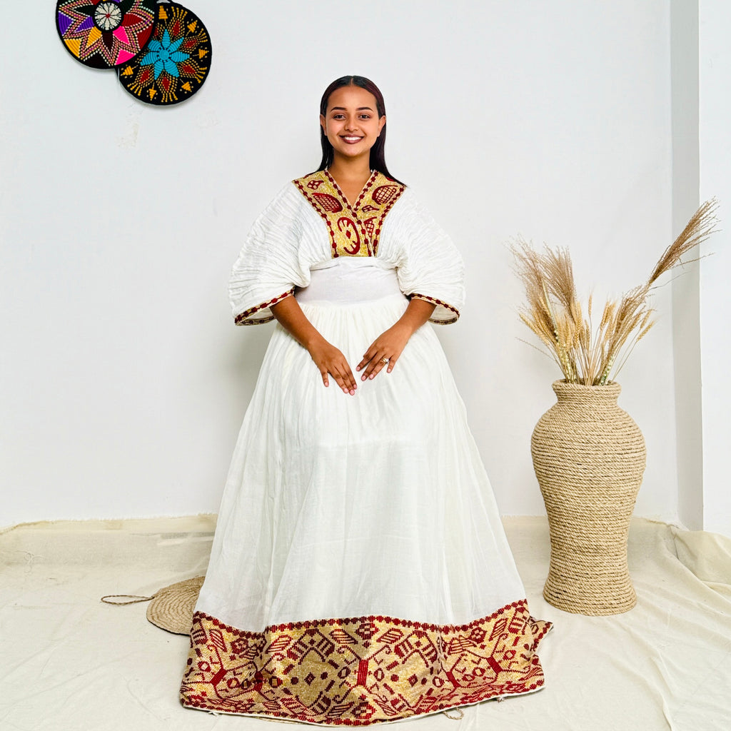 Habesha Dress | Radiant Red with Gold Design | Special Occasions | Handcrafted Embroidery Hab98