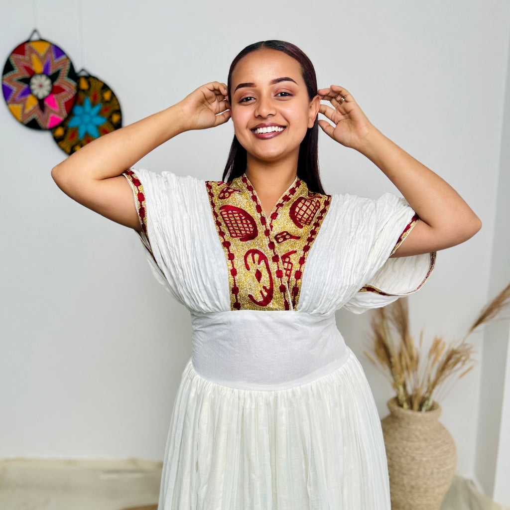 Habesha Dress | Radiant Red with Gold Design | Special Occasions | Handcrafted Embroidery Hab98