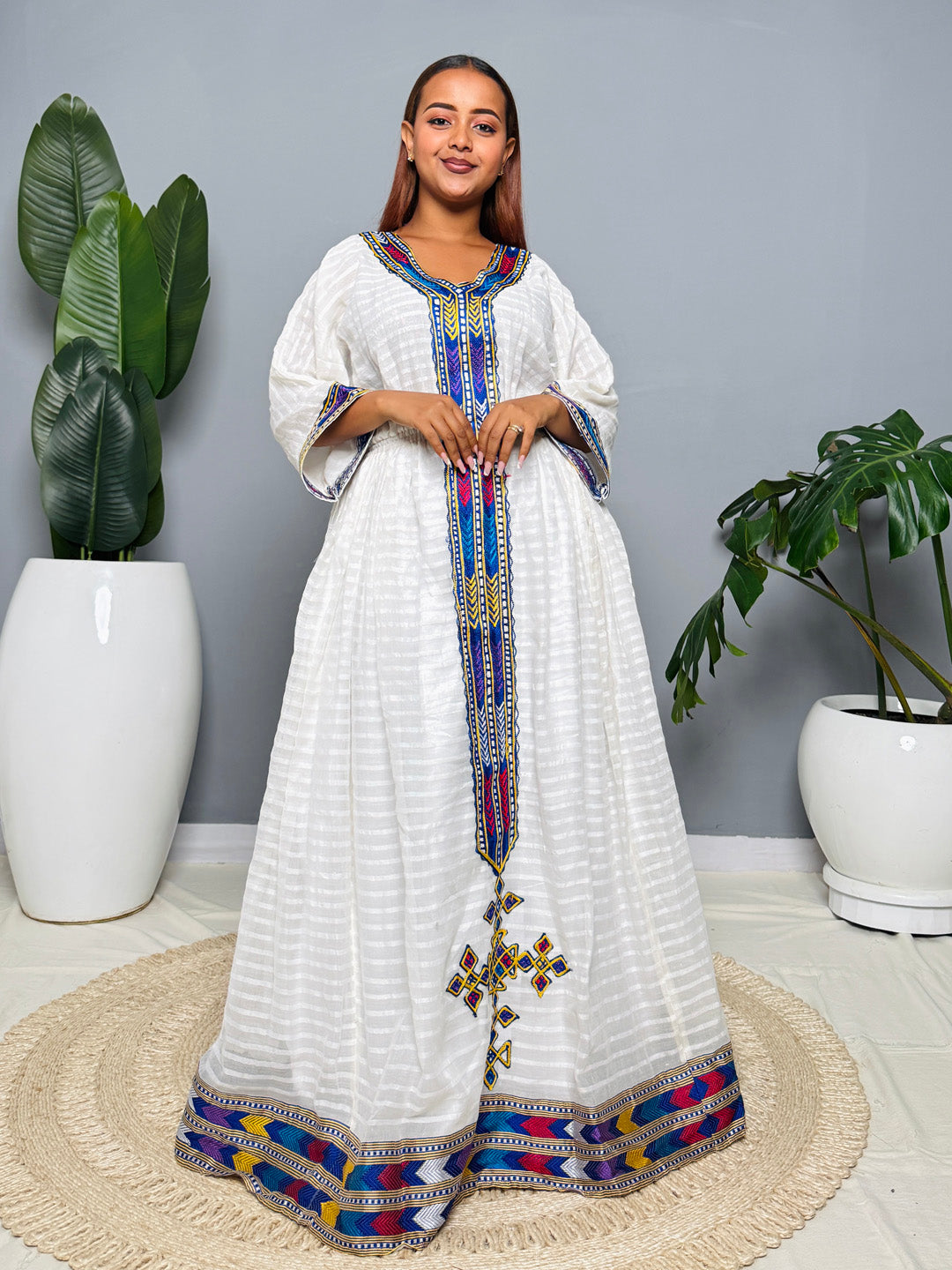 Modern Traditional Ethiopian Dress | Multicolor Tibeb Accent with Cross Detail | Handwoven White Habesha Kemis Hab194