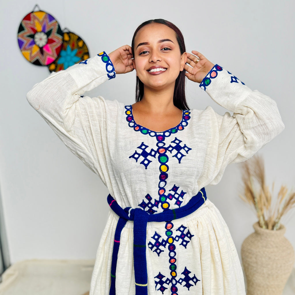 Ethiopian Fetil Dress | Classic Blue Elegance | Timeless Craftsmanship| Habesha Dress Hab116