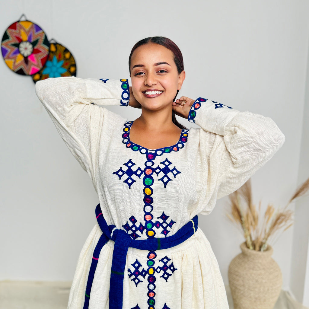 Ethiopian Fetil Dress | Classic Blue Elegance | Timeless Craftsmanship| Habesha Dress Hab116