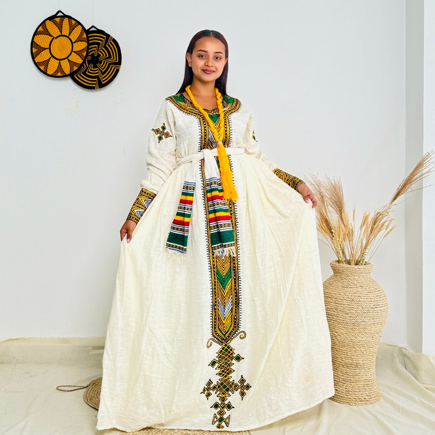 Ethiopian Dress | Unique Yellow Hue | Cultural Elegance | Handcrafted Design | Habesha Dress Hab101