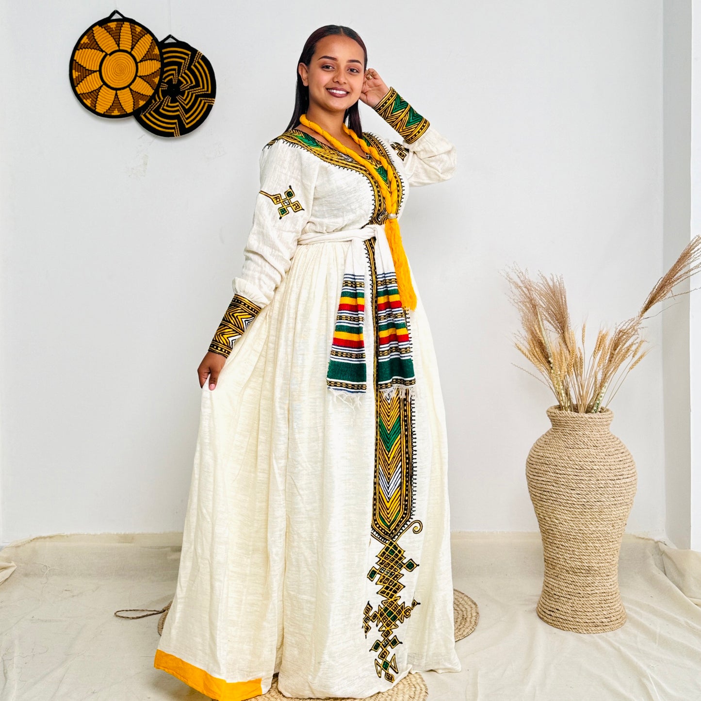 Ethiopian Dress | Unique Yellow Hue | Cultural Elegance | Handcrafted Design | Habesha Dress Hab101