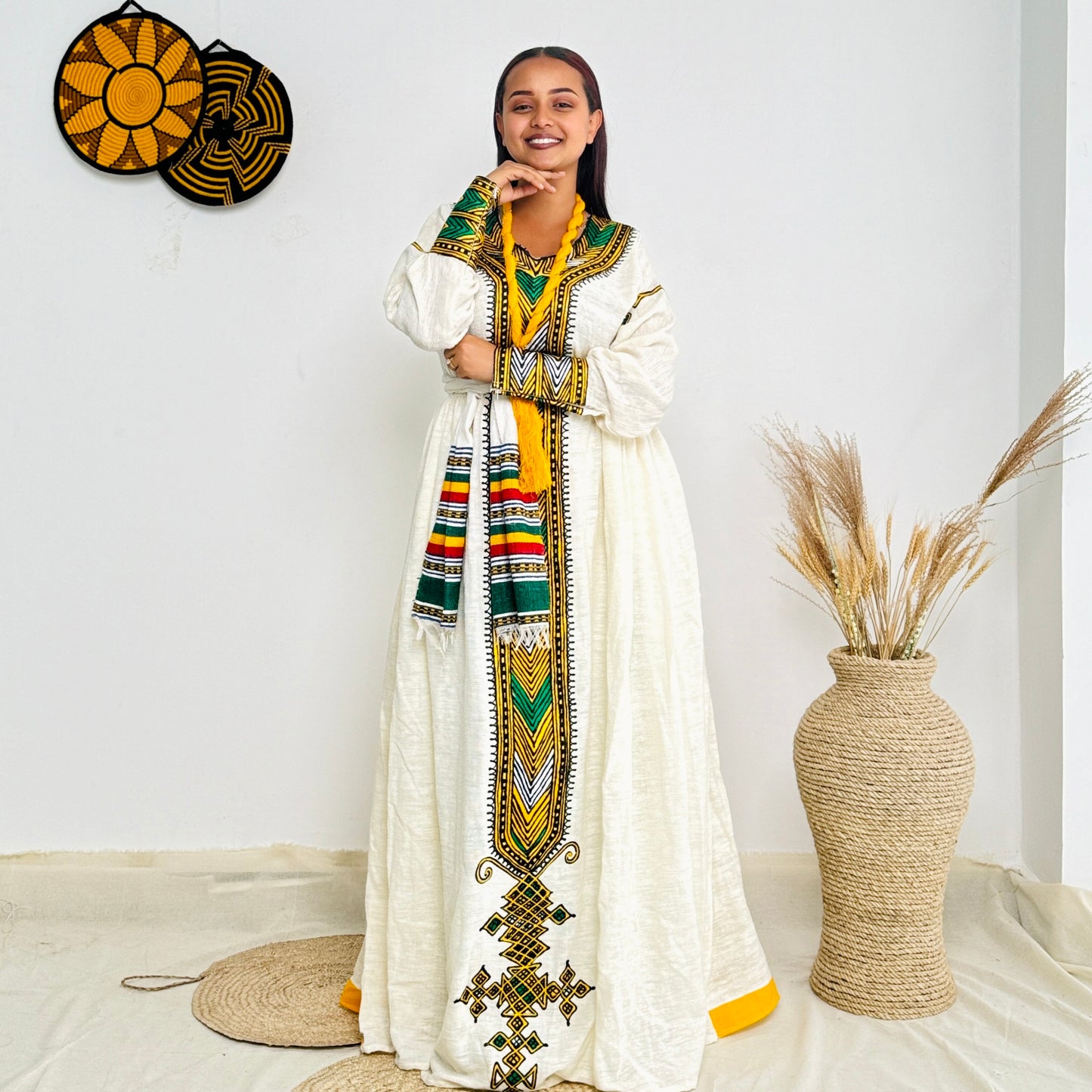 Ethiopian Dress | Unique Yellow Hue | Cultural Elegance | Handcrafted Design | Habesha Dress Hab101