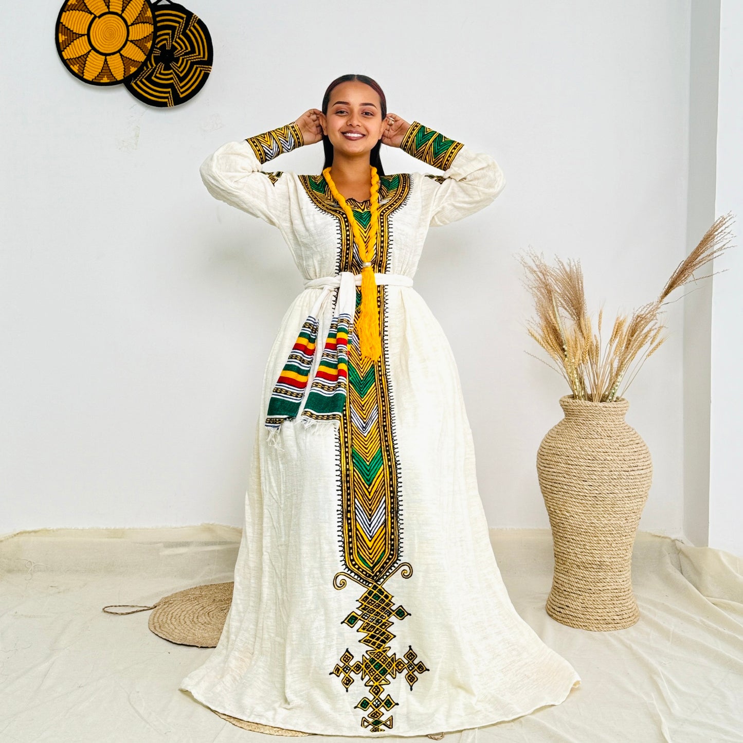 Ethiopian Dress | Unique Yellow Hue | Cultural Elegance | Handcrafted Design | Habesha Dress Hab101