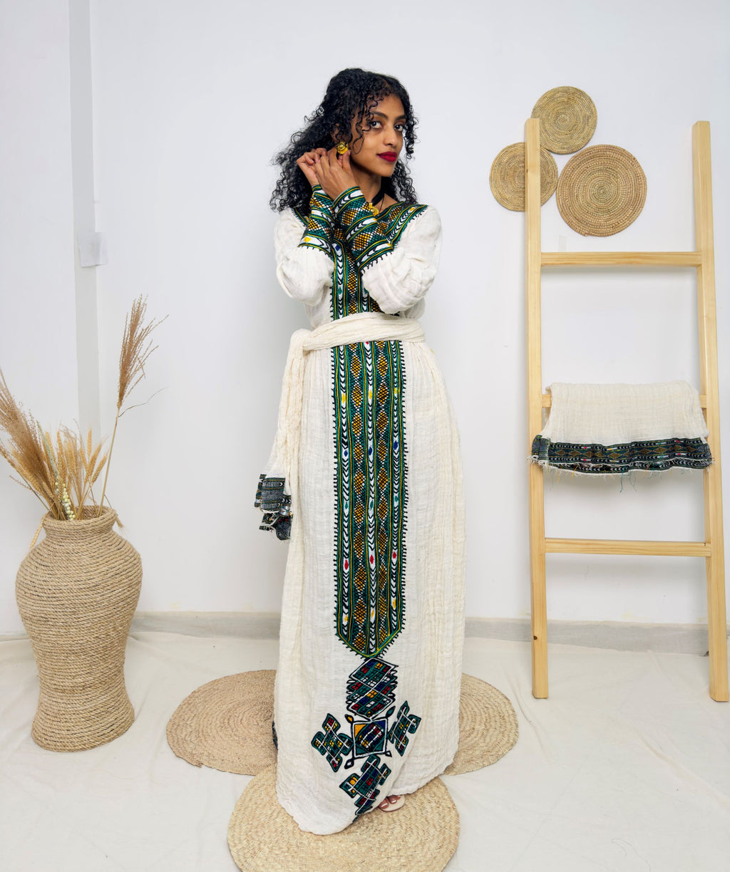 Traditional Ethiopian Habesha Dress – Handwoven Cotton with Green & Yellow Tibeb Embroidery | Cultural Dress for Weddings & Holidays Hab179