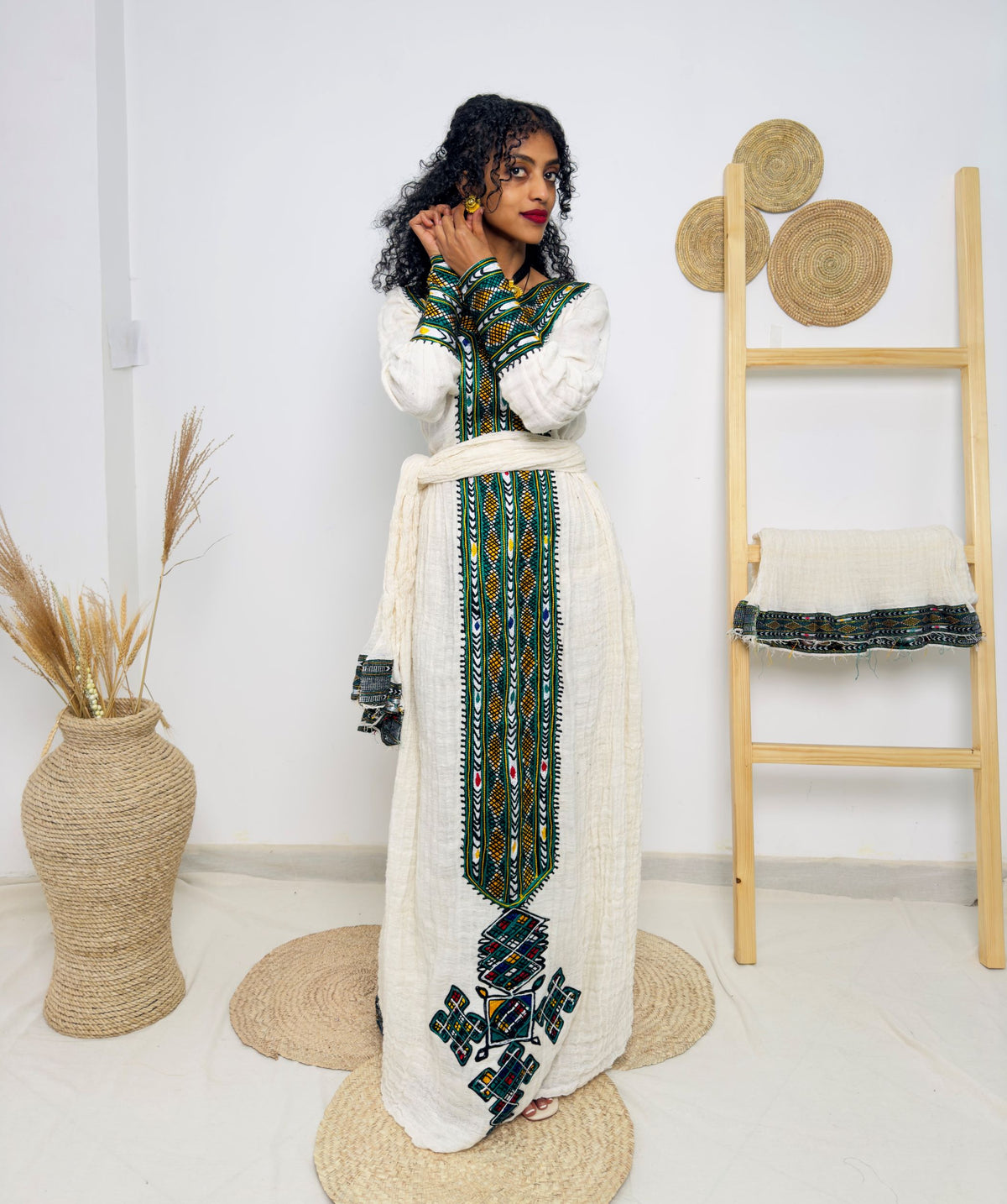 Traditional Ethiopian Habesha Dress – Handwoven Cotton with Green & Yellow Tibeb Embroidery | Cultural Dress for Weddings & Holidays Hab179
