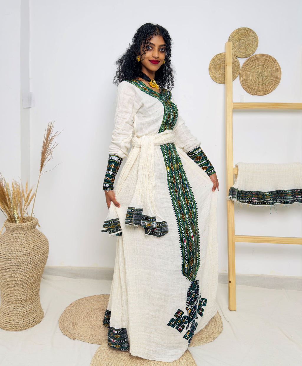 Traditional Ethiopian Habesha Dress – Handwoven Cotton with Green & Yellow Tibeb Embroidery | Cultural Dress for Weddings & Holidays Hab179