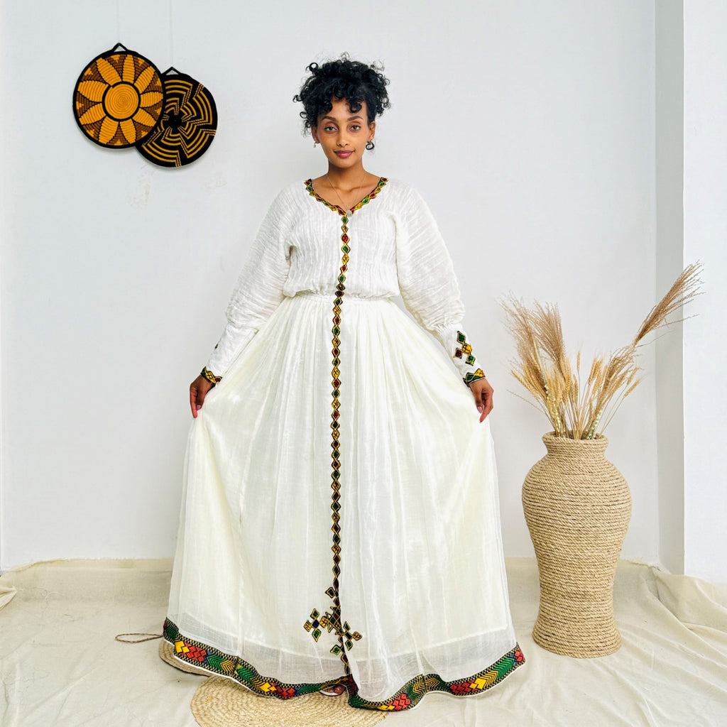 White & Yellow Handwoven Habesha Dress | Traditional Ethiopian Kemis with Red and Green Borders | Long Sleeve Front-Tied Style Hab221
