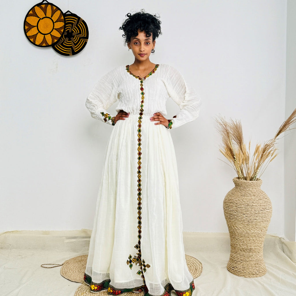 White & Yellow Handwoven Habesha Dress | Traditional Ethiopian Kemis with Red and Green Borders | Long Sleeve Front-Tied Style Hab221