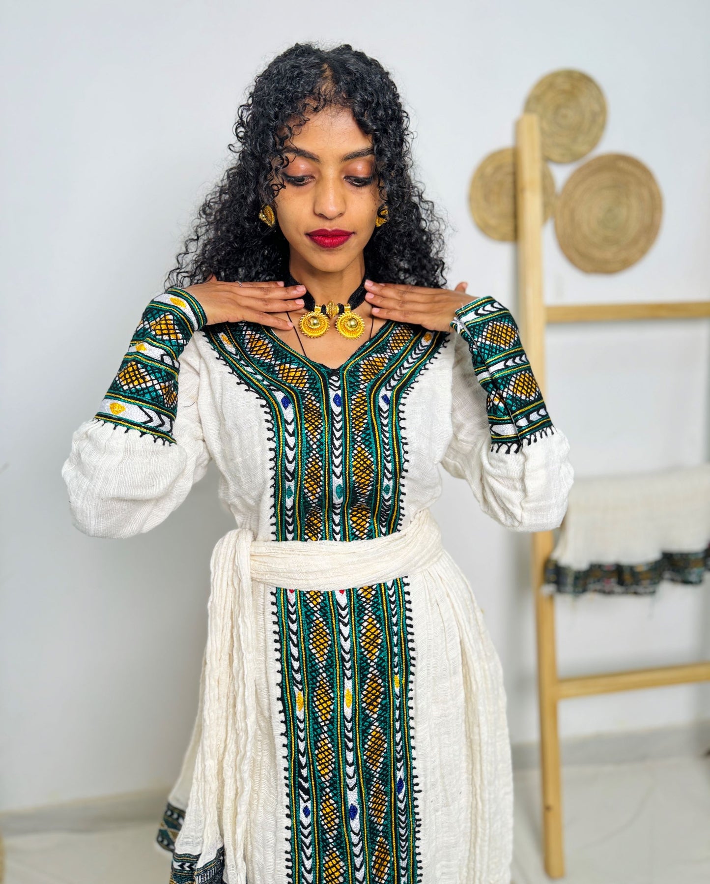 Traditional Ethiopian Habesha Dress – Handwoven Cotton with Green & Yellow Tibeb Embroidery | Cultural Dress for Weddings & Holidays Hab179