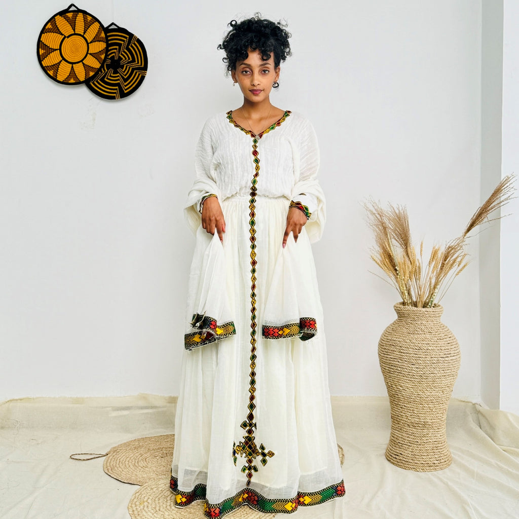 White & Yellow Handwoven Habesha Dress | Traditional Ethiopian Kemis with Red and Green Borders | Long Sleeve Front-Tied Style Hab221