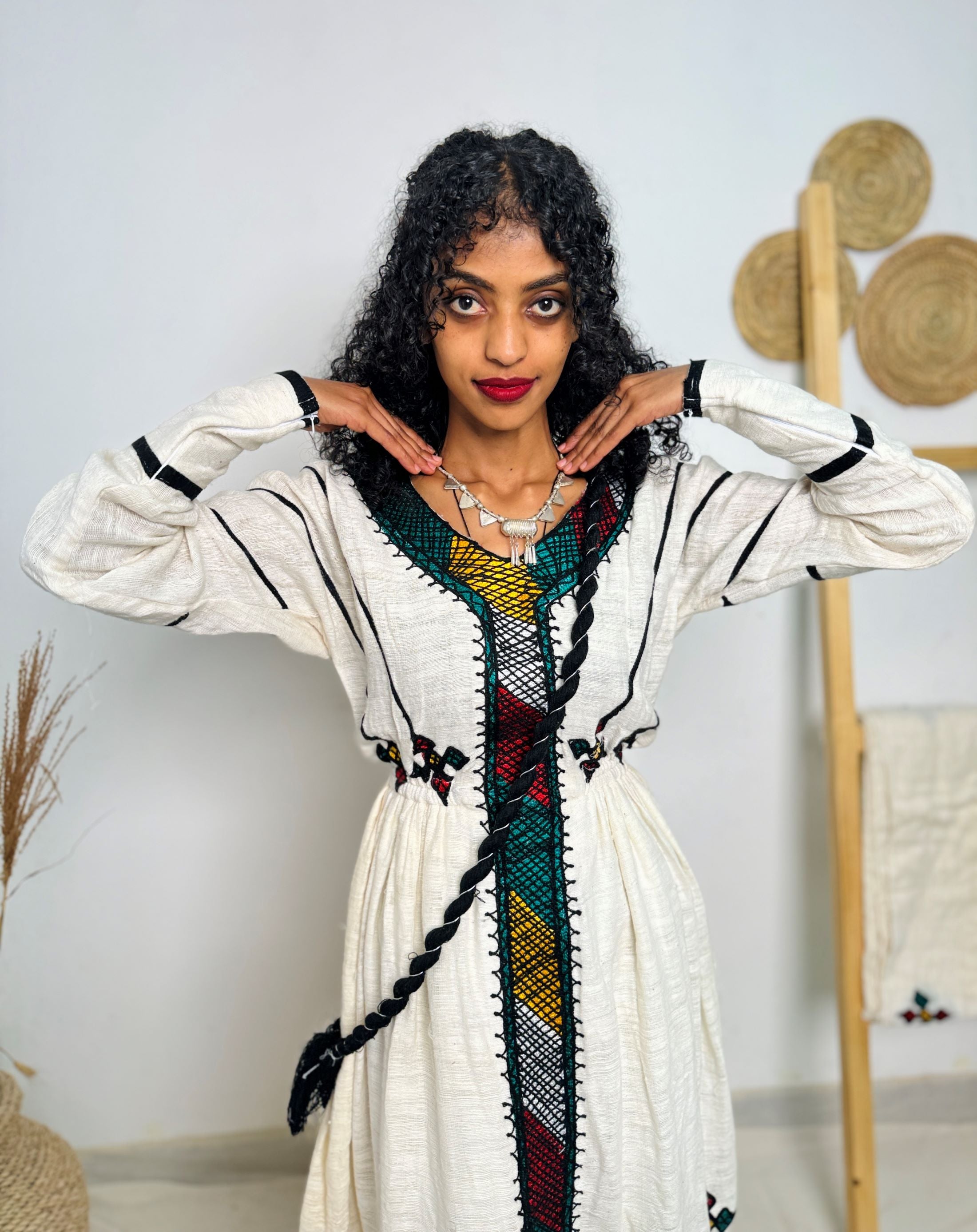 Vibrant Diamond Tibeb & Fan Motif Embroidery | Ethiopian Handwoven Dress | Regal Long-Sleeve Habesha Kemis Hab210