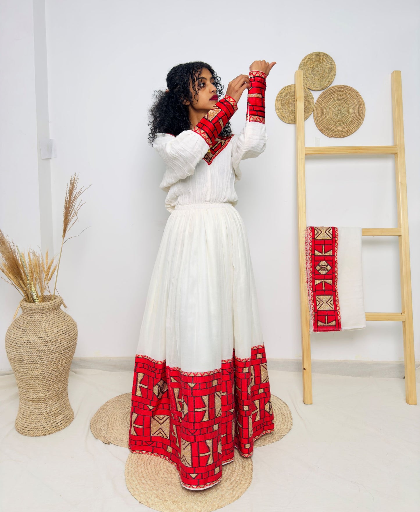 Habesha Dress | Full-Sleeved Elegance | Cultural Celebrations & Special Occasions | Red with Intricate Detailing | Ethiopian Dress Hab127