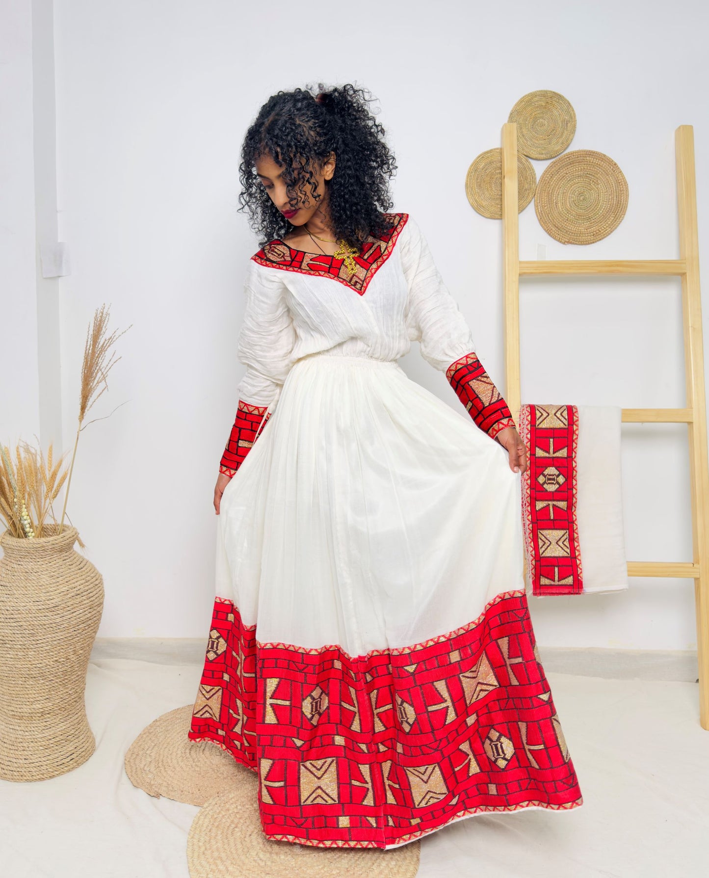 Habesha Dress | Full-Sleeved Elegance | Cultural Celebrations & Special Occasions | Red with Intricate Detailing | Ethiopian Dress Hab127
