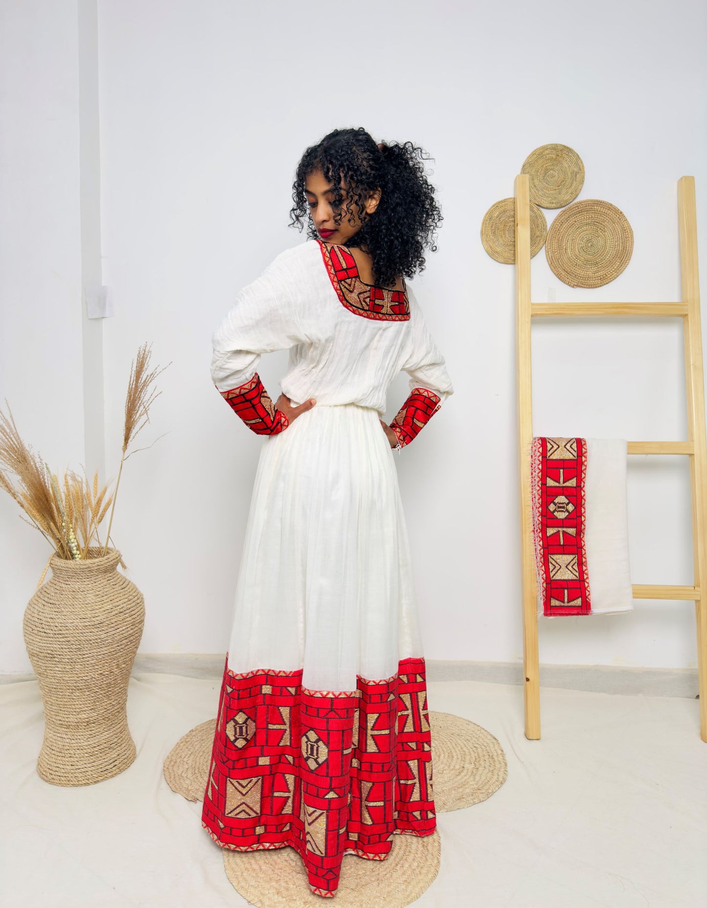 Habesha Dress | Full-Sleeved Elegance | Cultural Celebrations & Special Occasions | Red with Intricate Detailing | Ethiopian Dress Hab127