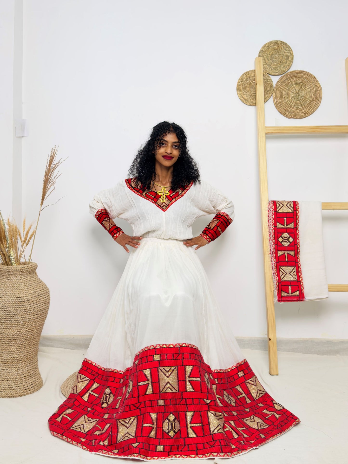 Habesha Dress | Full-Sleeved Elegance | Cultural Celebrations & Special Occasions | Red with Intricate Detailing | Ethiopian Dress Hab127