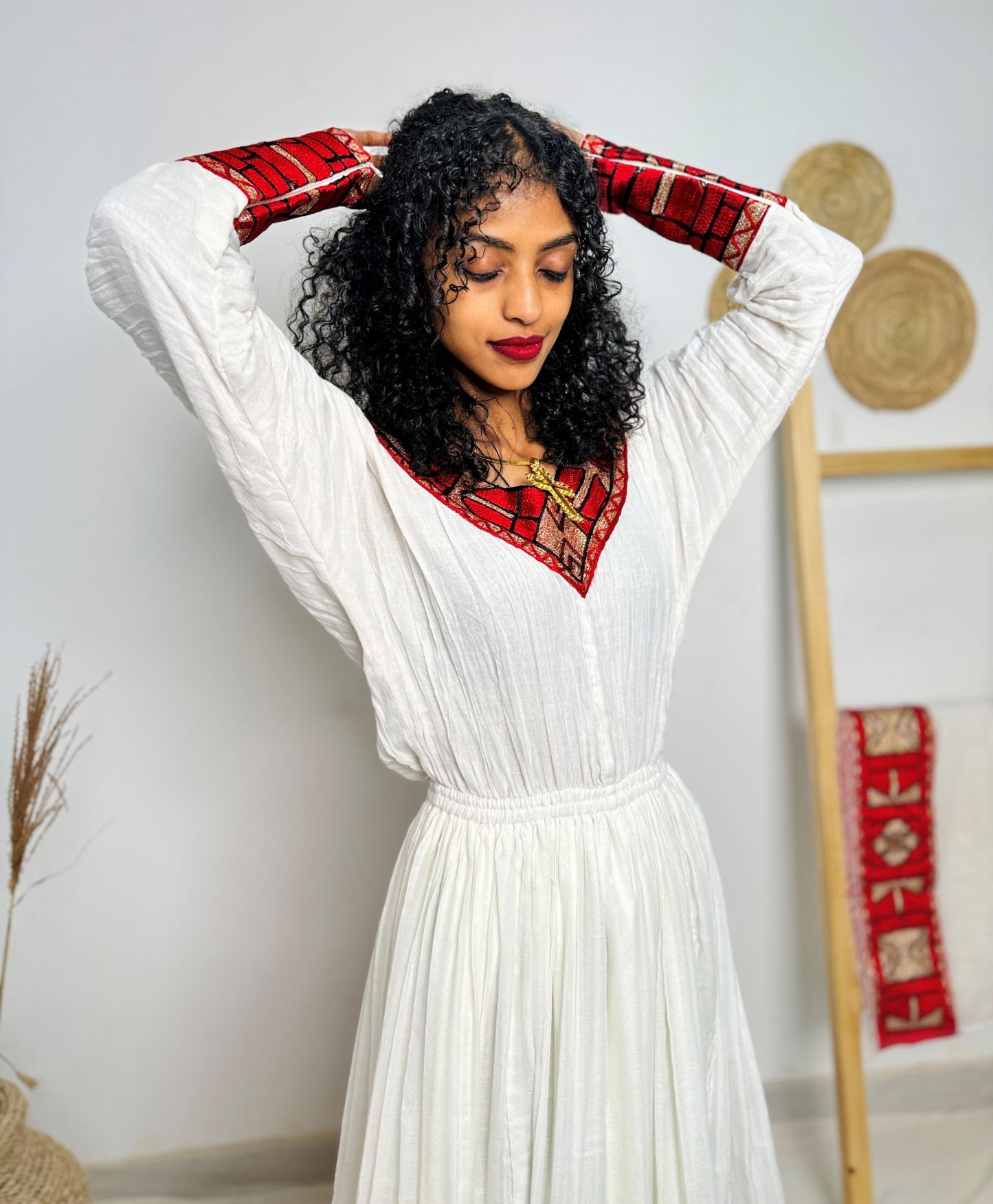 Habesha Dress | Full-Sleeved Elegance | Cultural Celebrations & Special Occasions | Red with Intricate Detailing | Ethiopian Dress Hab127