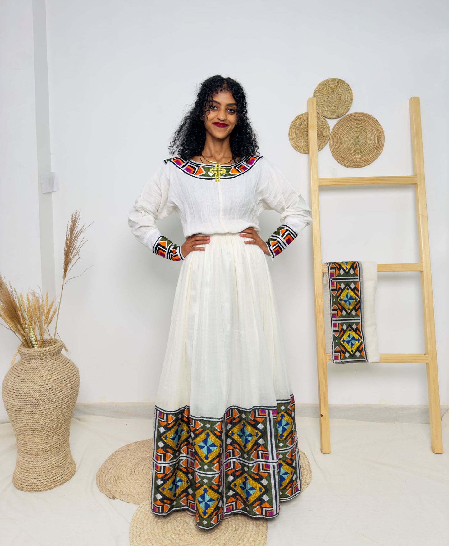Bold Multicolor Tibeb | Long Sleeve Ethiopian Habesha Kemis | Traditional Handcrafted Occasion Dress | Cultural Fashion Statement Hab174