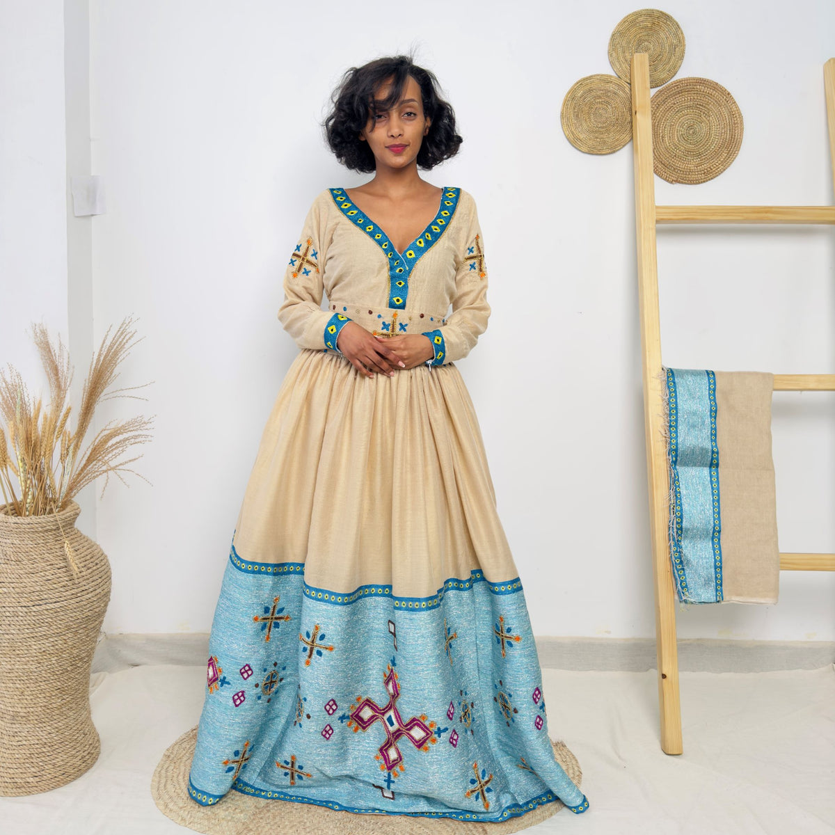 Teal Blue & Beige Embroidered Habesha Kemis | Handwoven Ethiopian Dress | Elegant Long Sleeve Traditional Dress Hab218