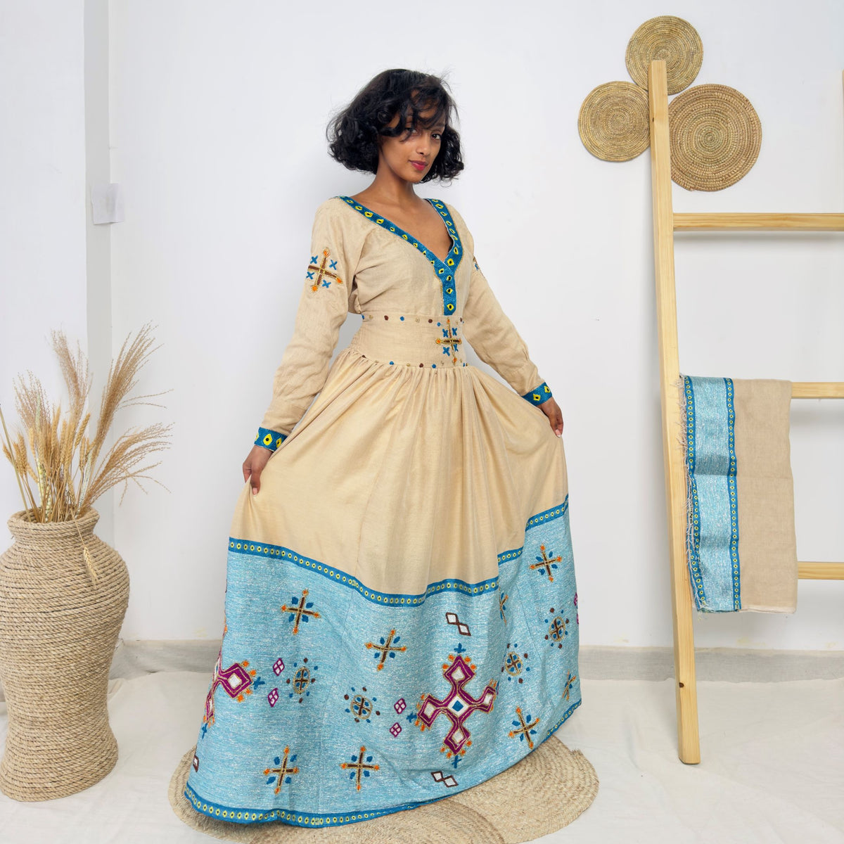 Teal Blue & Beige Embroidered Habesha Kemis | Handwoven Ethiopian Dress | Elegant Long Sleeve Traditional Dress Hab218