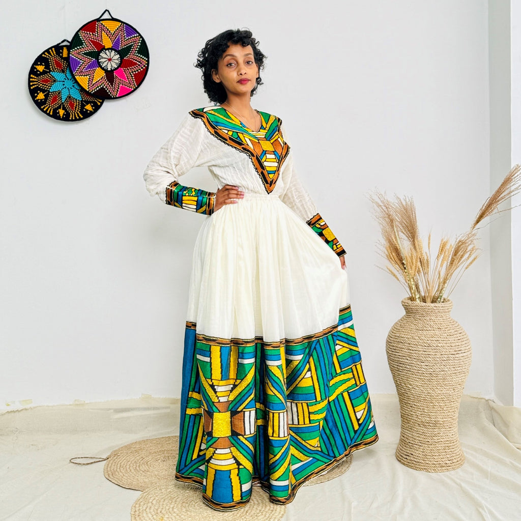 Bold & Colorful Ethiopian Dress | Handwoven Habesha Kemis with Geometric Tibeb Design | Cultural Elegance Hab177