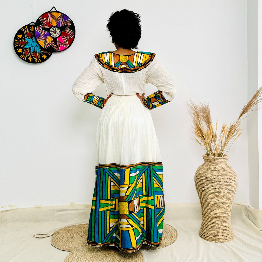 Bold & Colorful Ethiopian Dress | Handwoven Habesha Kemis with Geometric Tibeb Design | Cultural Elegance Hab177