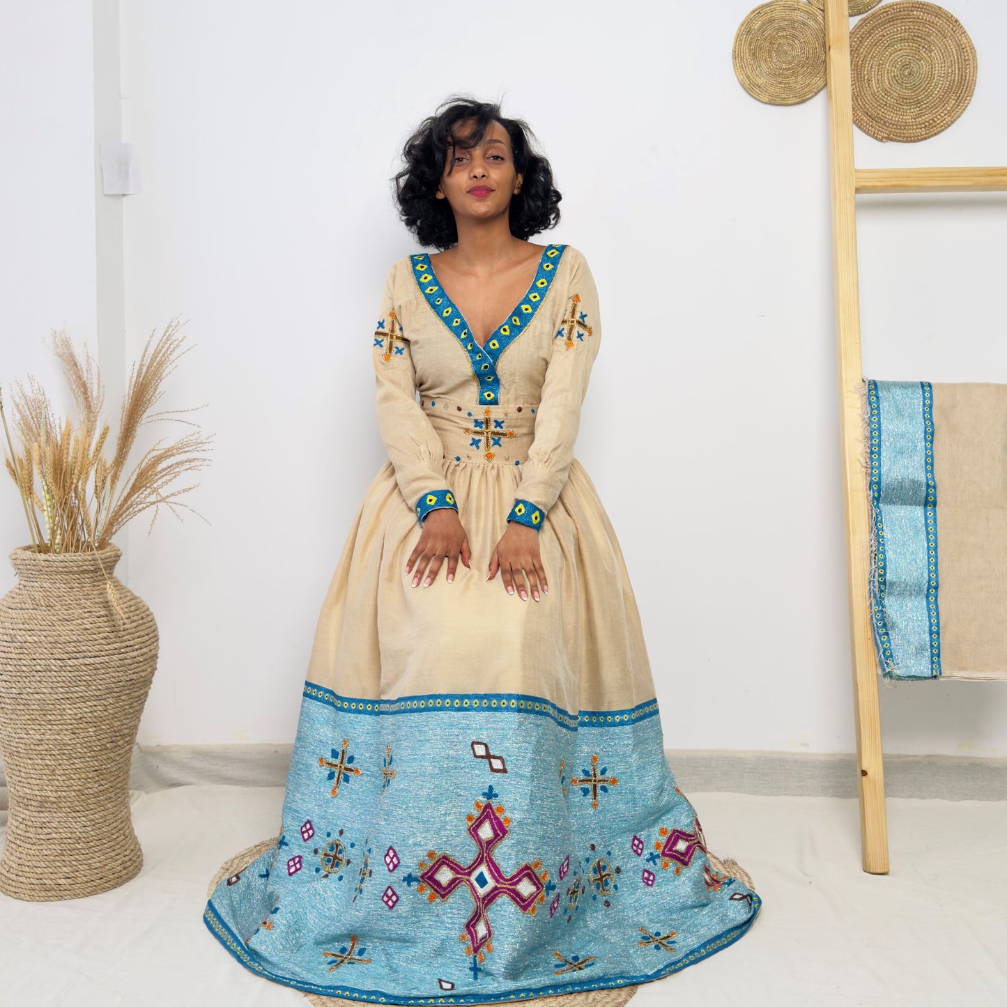 Teal Blue & Beige Embroidered Habesha Kemis | Handwoven Ethiopian Dress | Elegant Long Sleeve Traditional Dress Hab218