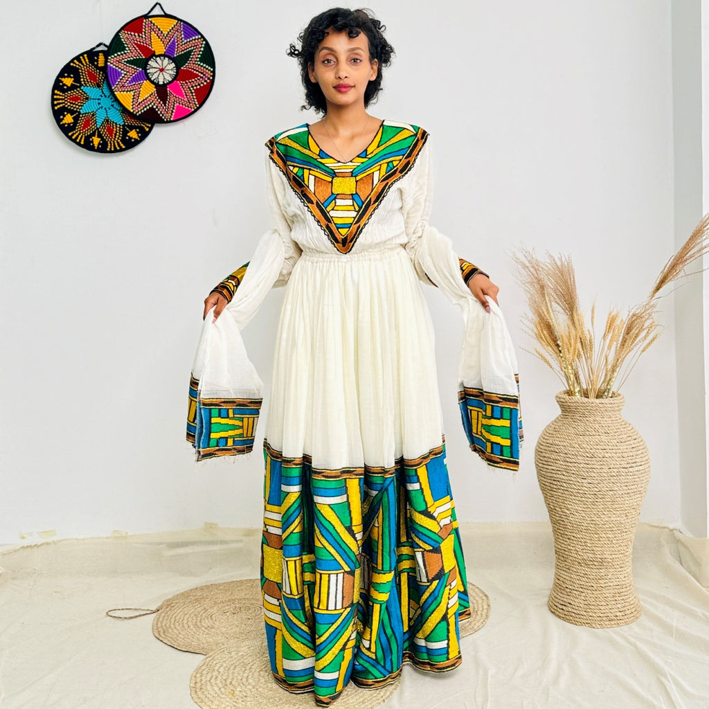 Bold & Colorful Ethiopian Dress | Handwoven Habesha Kemis with Geometric Tibeb Design | Cultural Elegance Hab177