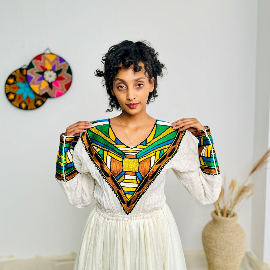 Bold & Colorful Ethiopian Dress | Handwoven Habesha Kemis with Geometric Tibeb Design | Cultural Elegance Hab177