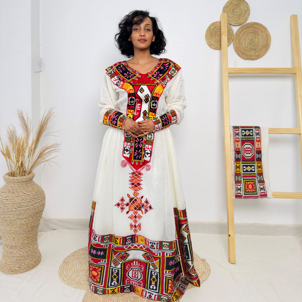 Vibrant Multicolor Long-Sleeve Habesha Kemis | Traditional Ethiopian Handmade Dress | Cultural Festival & Wedding Wear | Handwoven Dress Hab190
