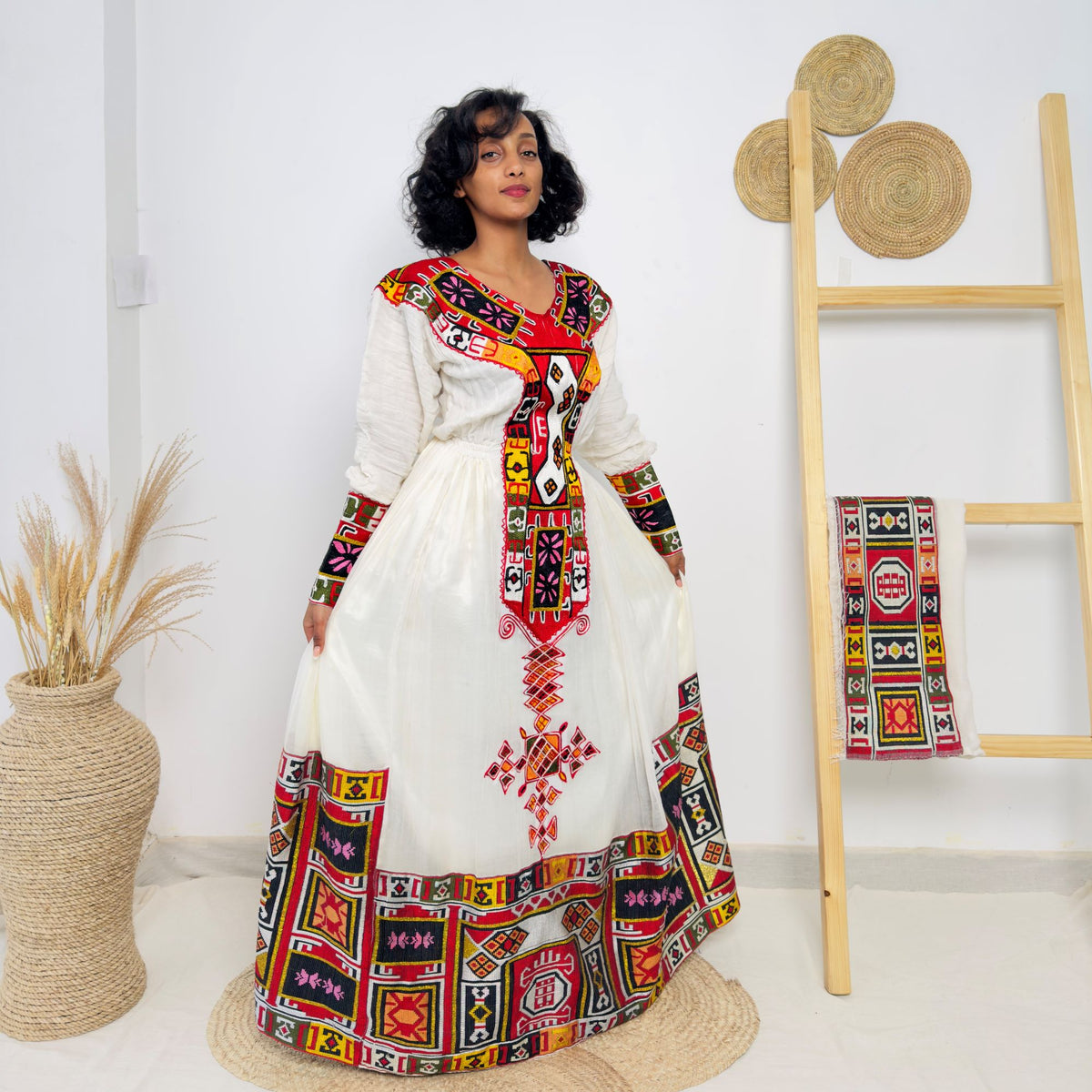 Vibrant Multicolor Long-Sleeve Habesha Kemis | Traditional Ethiopian Handmade Dress | Cultural Festival & Wedding Wear | Handwoven Dress Hab190