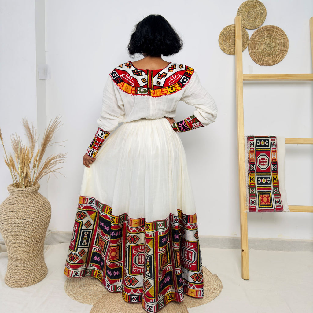 Vibrant Multicolor Long-Sleeve Habesha Kemis | Traditional Ethiopian Handmade Dress | Cultural Festival & Wedding Wear | Handwoven Dress Hab190