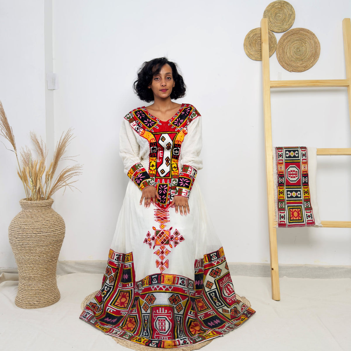Vibrant Multicolor Long-Sleeve Habesha Kemis | Traditional Ethiopian Handmade Dress | Cultural Festival & Wedding Wear | Handwoven Dress Hab190